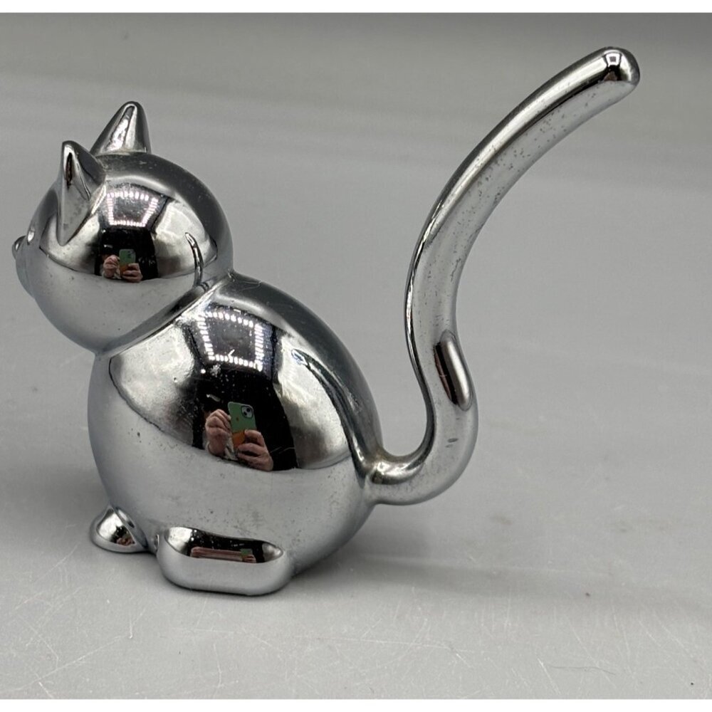 Silver Chrome Cat Ring‎ Holder Jewelry Organizer Figurine